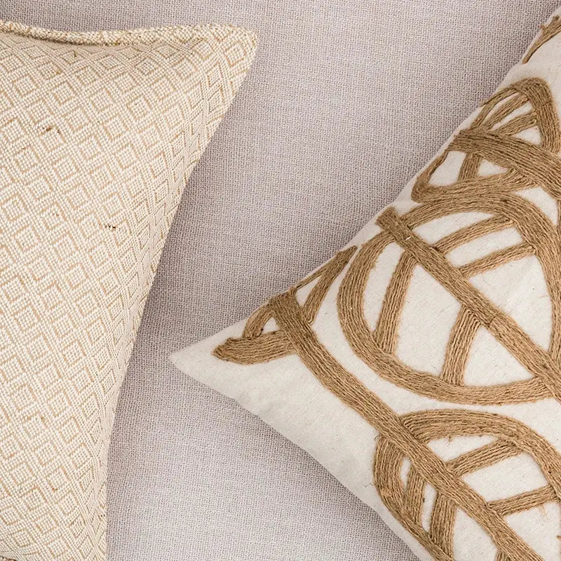 Linen embroidery leaves cushion cover cream & beige living room
