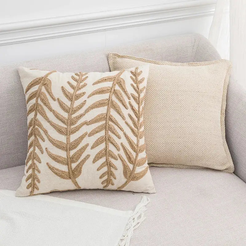 Linen embroidery leaves cushion cover cream & beige living room