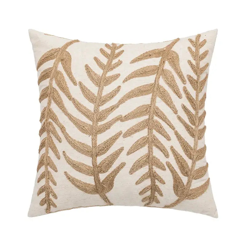 Linen embroidery leaves cushion cover cream & beige living room