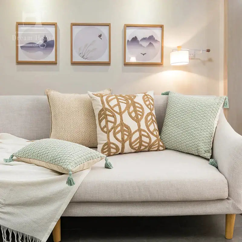 Linen embroidery leaves cushion cover cream & beige living room