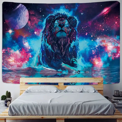 Lion psychedelic art tapestry neon blue and pink living room decor