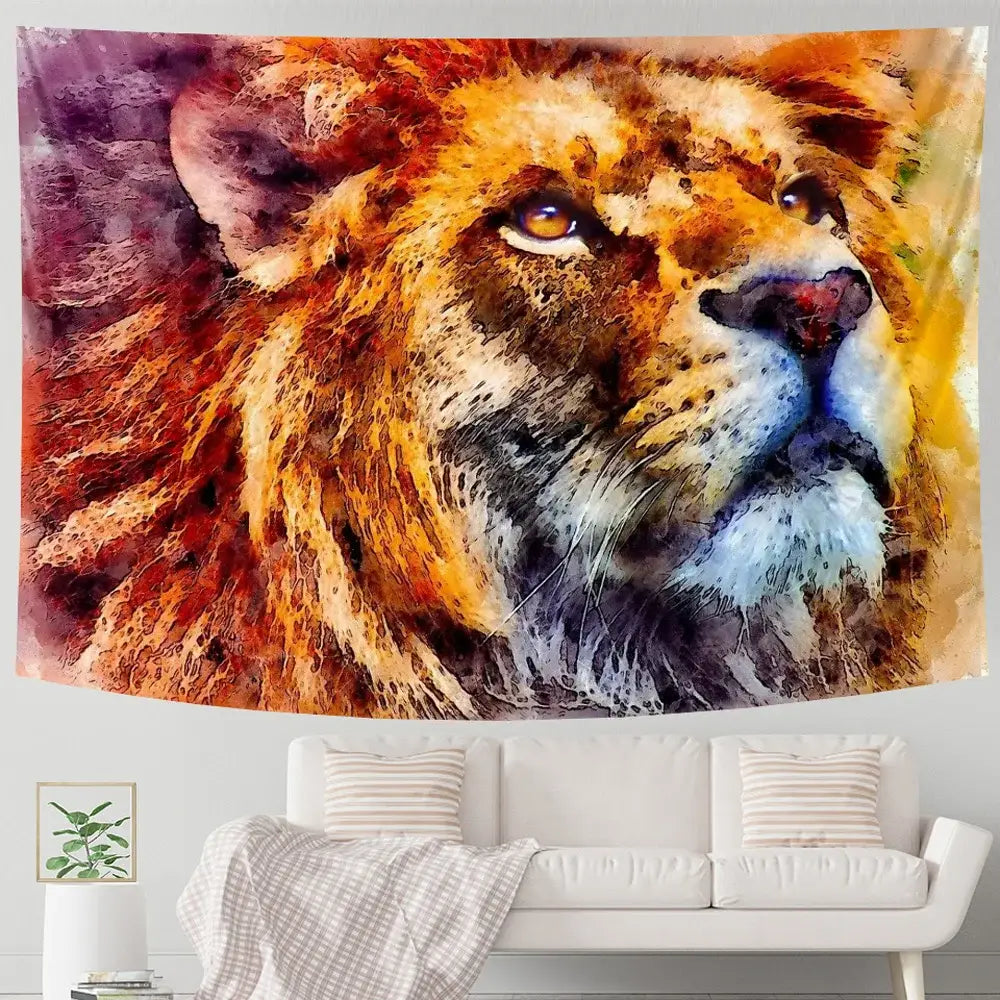 Lion psychedelic art tapestry neon blue and pink living room decor