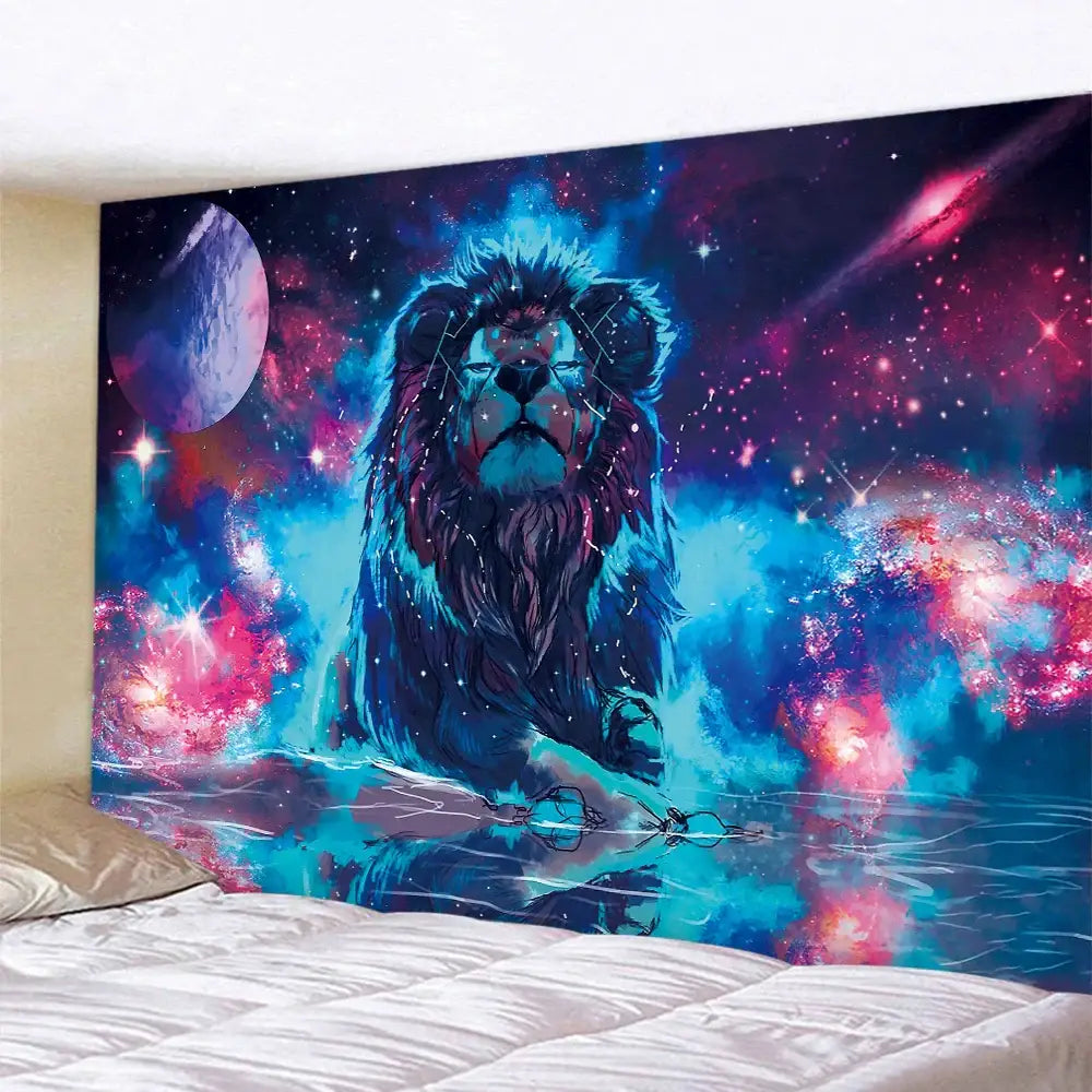 Lion psychedelic art tapestry neon blue and pink living room decor