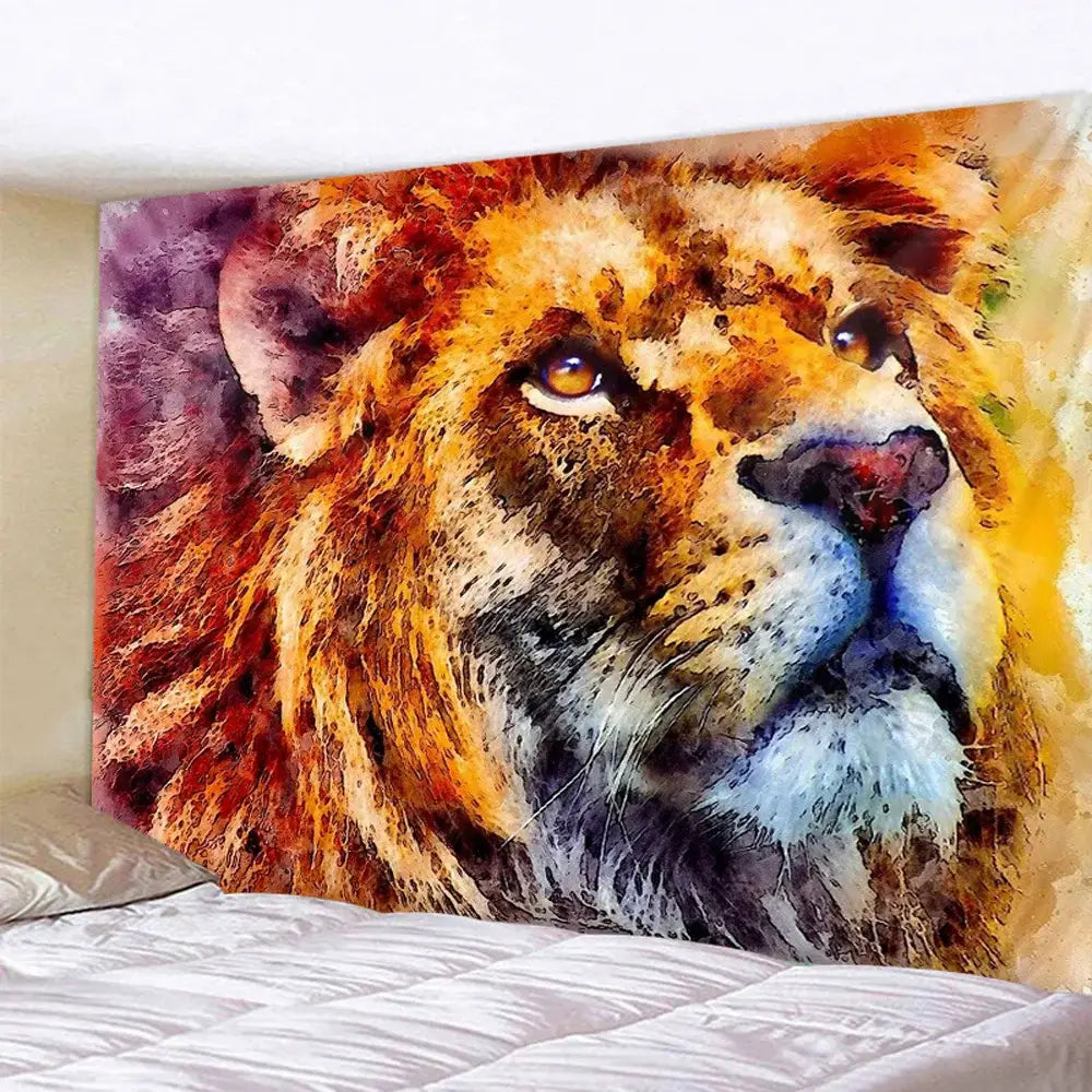 Lion psychedelic art tapestry neon blue and pink living room decor