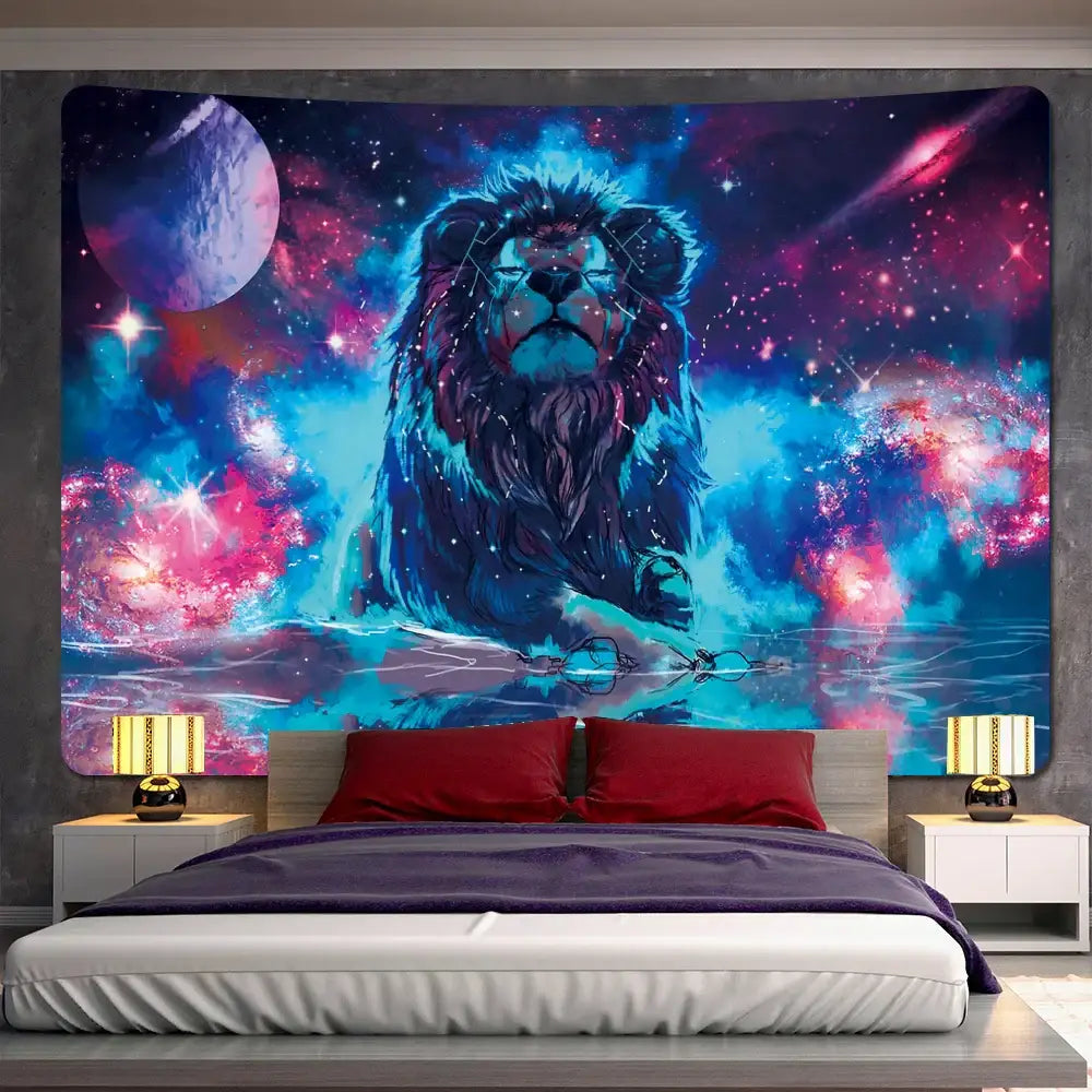 Lion psychedelic art tapestry neon blue and pink living room decor