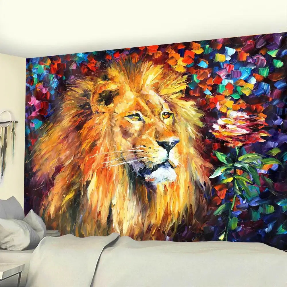 Lion psychedelic art tapestry neon blue and pink living room decor