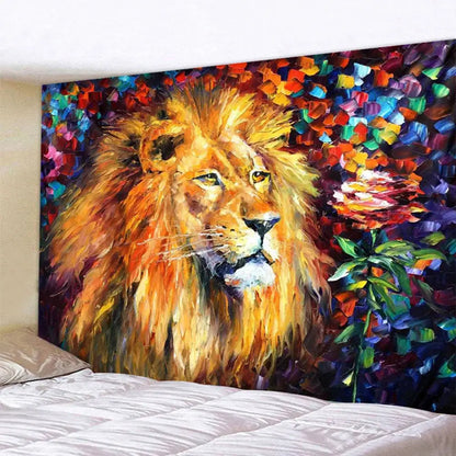 Lion psychedelic art tapestry neon blue and pink living room decor