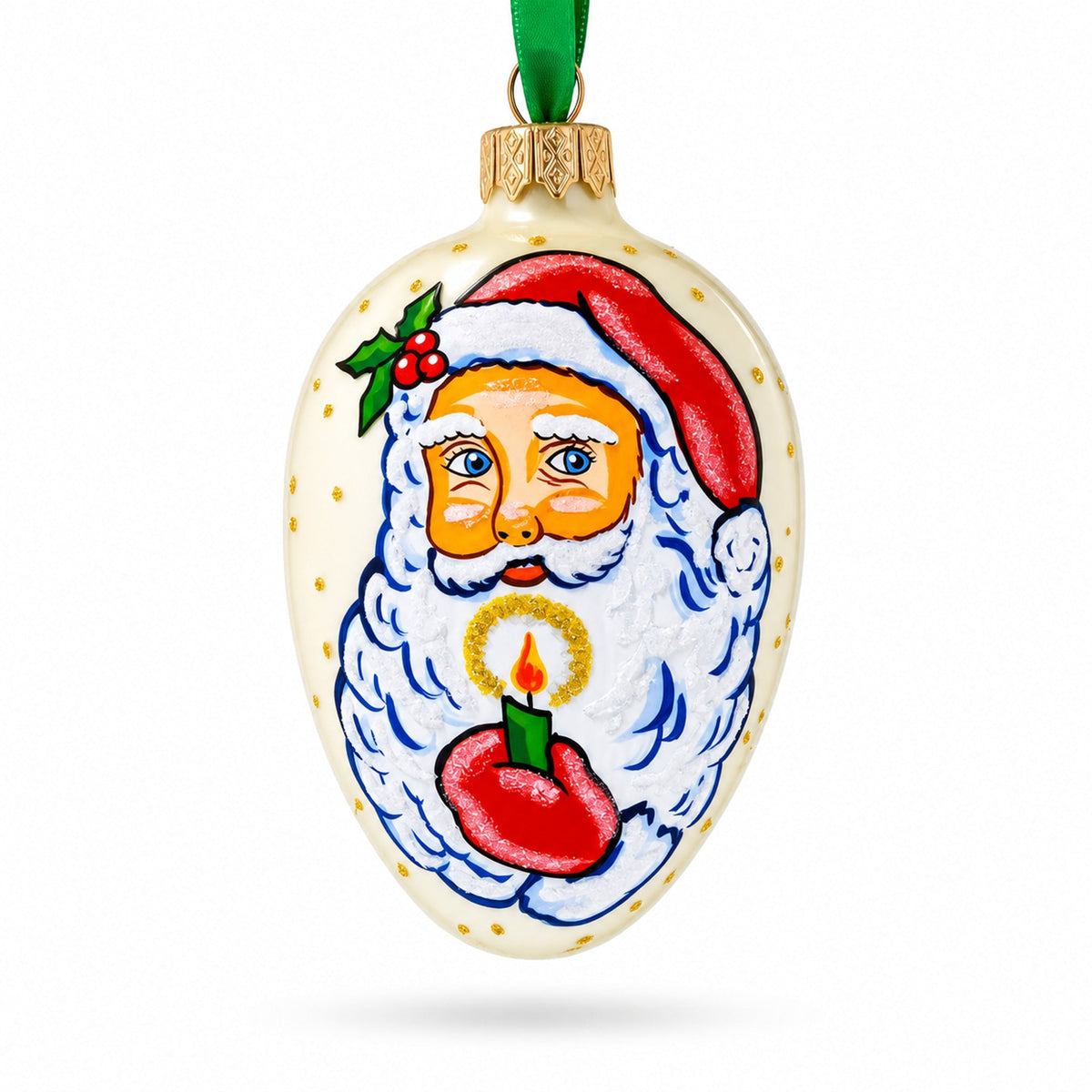 Santa Holding Candle Glass Egg Ornament 4 Inches