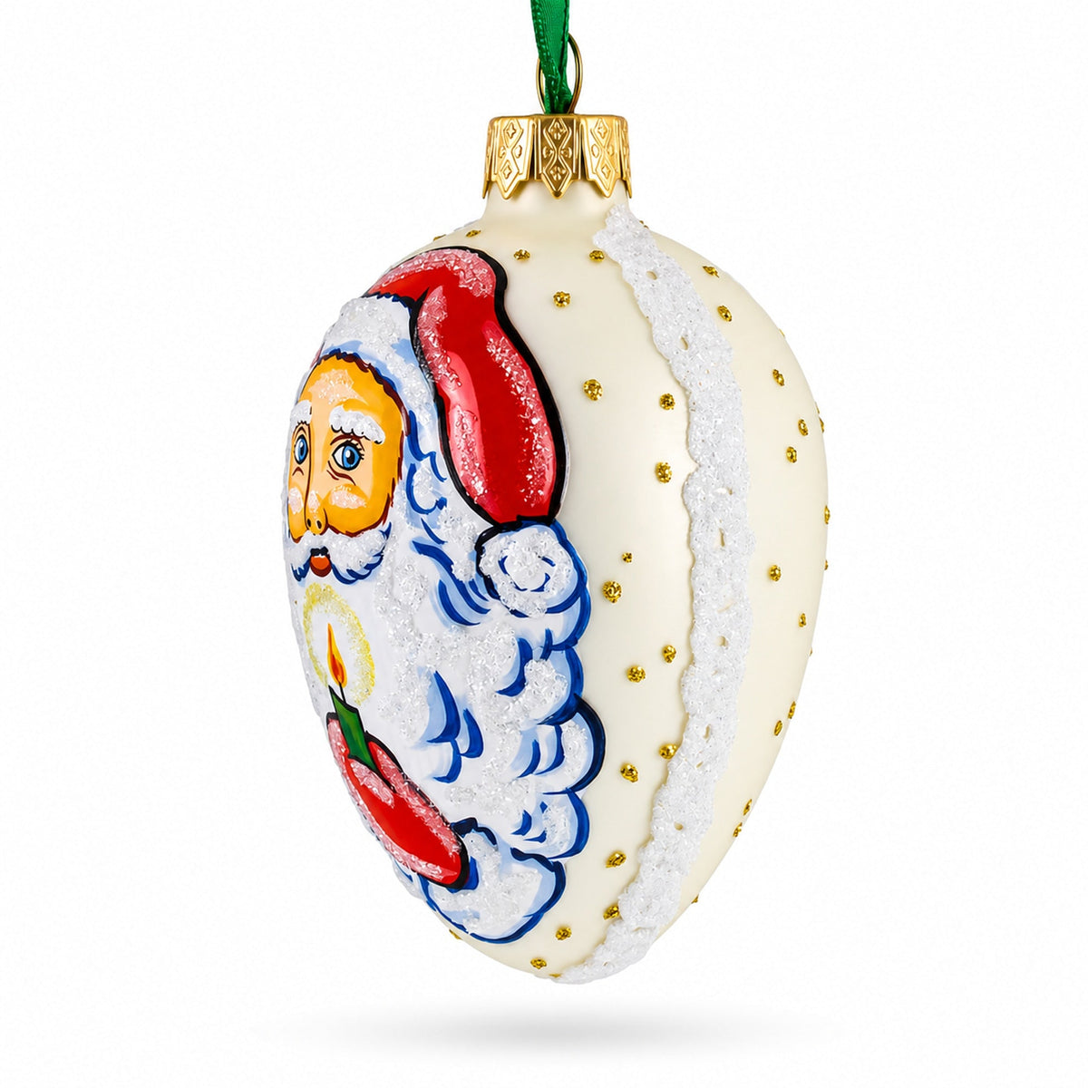 Santa Holding Candle Glass Egg Ornament 4 Inches