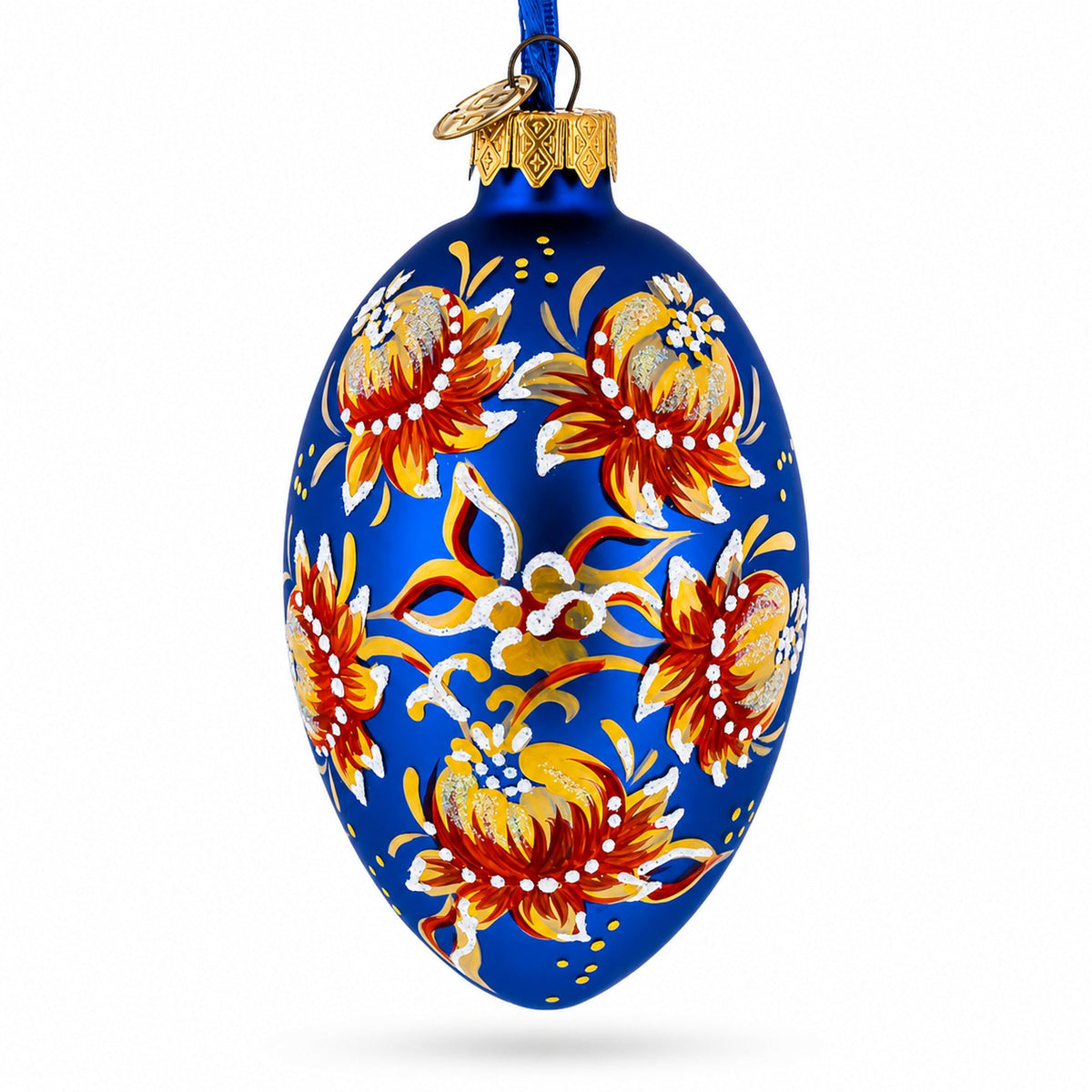 Golden Blue Floral Glass Egg Ornament 4 Inches