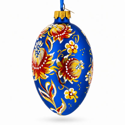 Golden Blue Floral Glass Egg Ornament 4 Inches