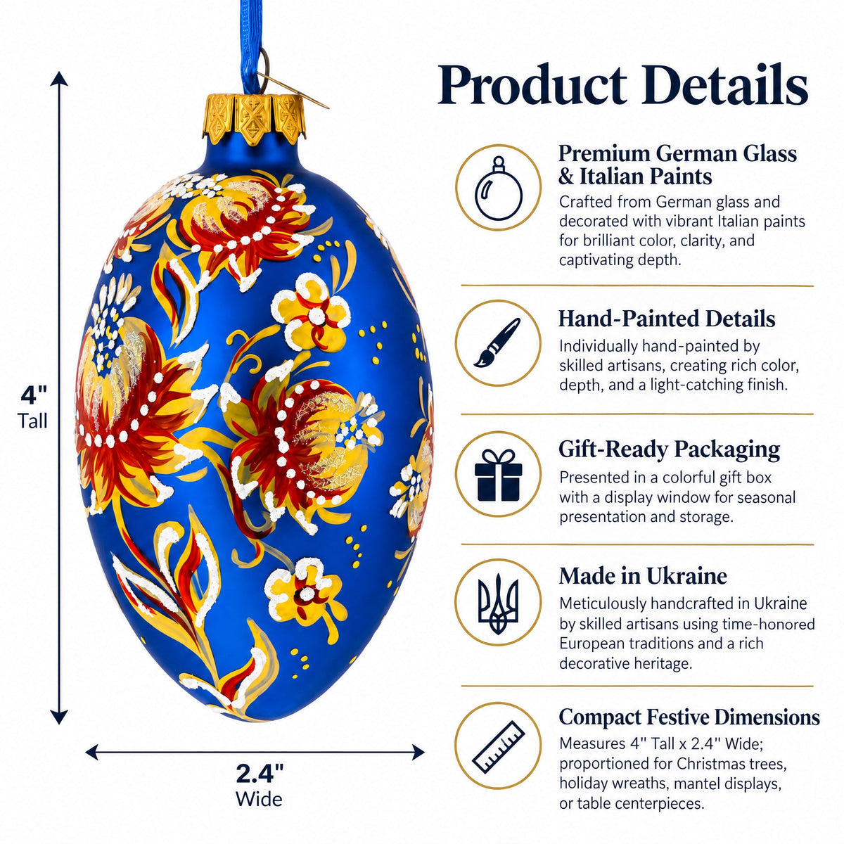 Golden Blue Floral Glass Egg Ornament 4 Inches