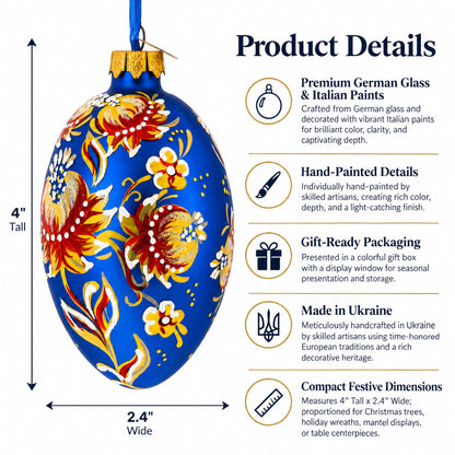 Golden Blue Floral Glass Egg Ornament 4 Inches