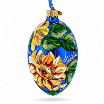 Sunflowers on Blue Glass Egg Ornament 4 Inches