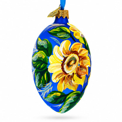Sunflowers on Blue Glass Egg Ornament 4 Inches