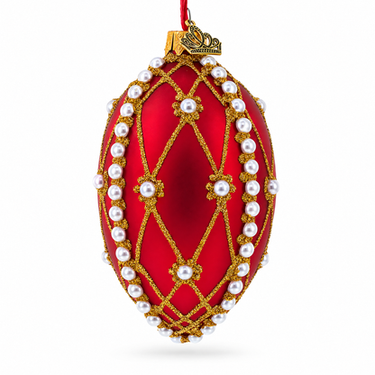 White Pearl Trellis On Red Glass Egg Christmas Ornament 4 Inches