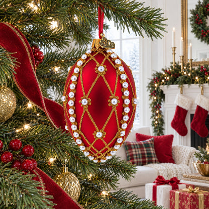White Pearl Trellis On Red Glass Egg Christmas Ornament 4 Inches
