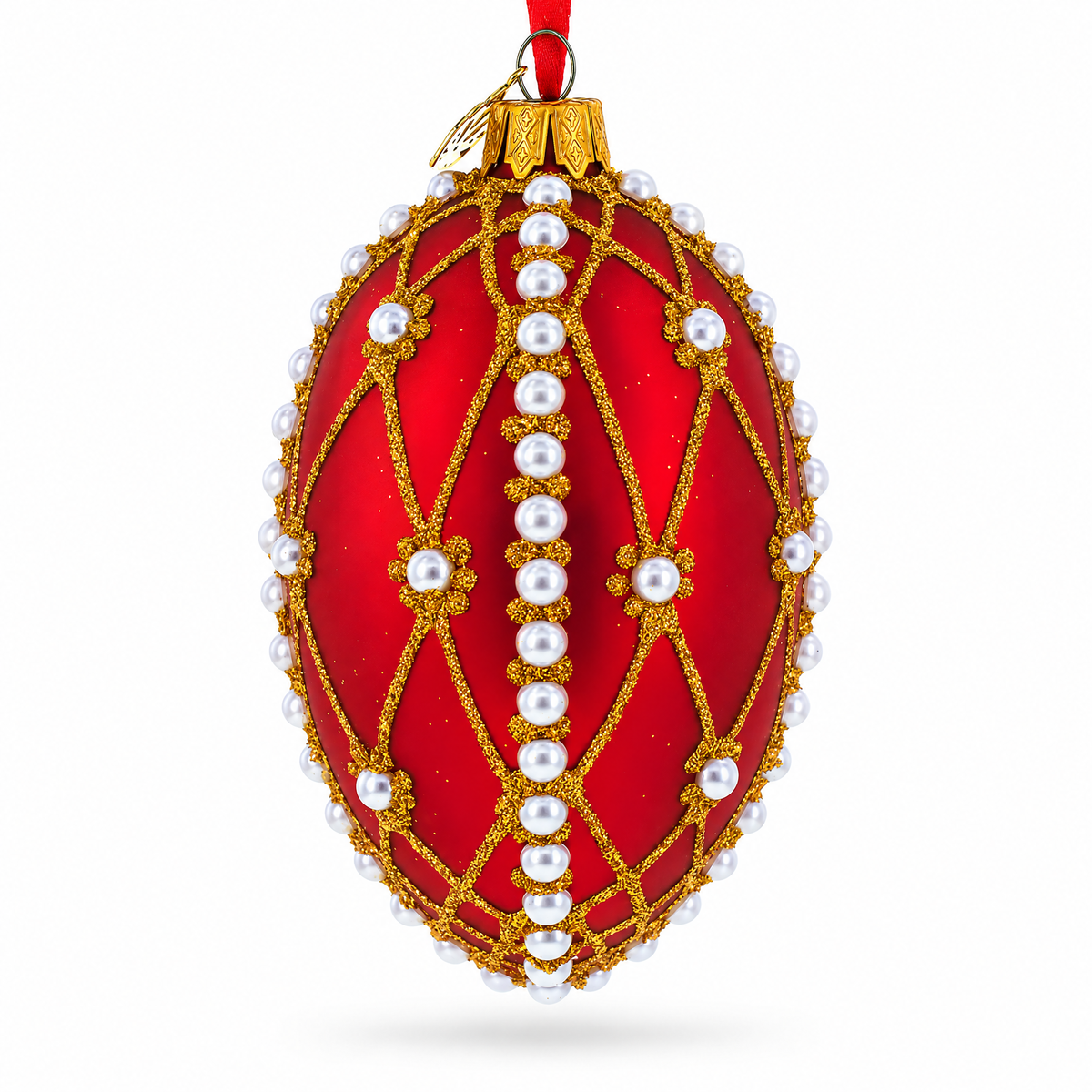 White Pearl Trellis On Red Glass Egg Christmas Ornament 4 Inches