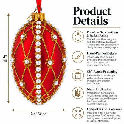 White Pearl Trellis On Red Glass Egg Christmas Ornament 4 Inches