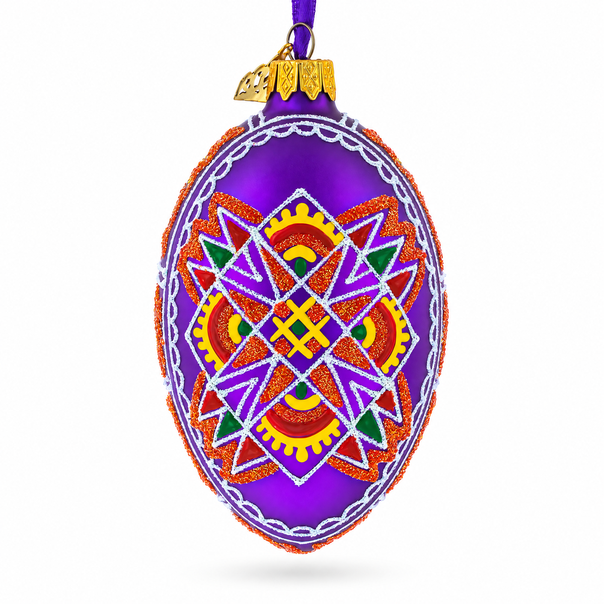 Purple Geometric Ukrainian Egg Glass Christmas Ornament 4 Inches