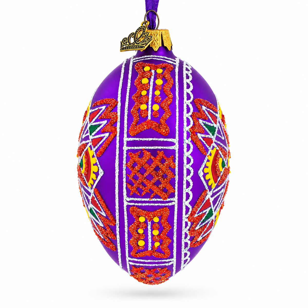 Purple Geometric Ukrainian Egg Glass Christmas Ornament 4 Inches