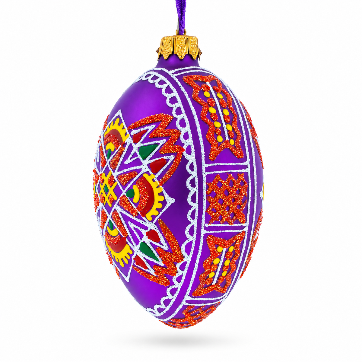 Purple Geometric Ukrainian Egg Glass Christmas Ornament 4 Inches