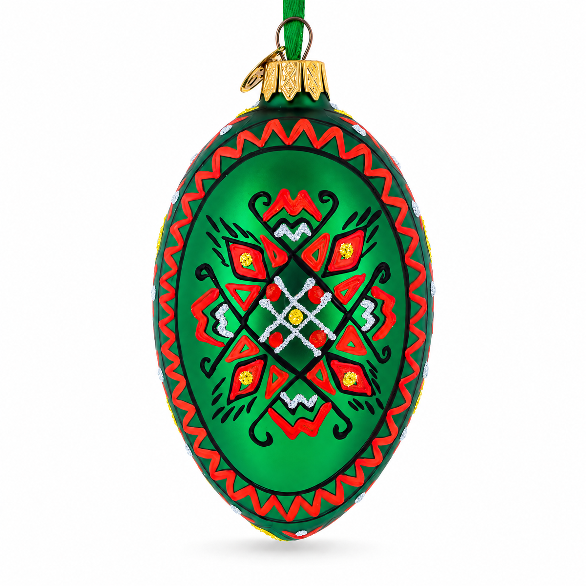 Green Geometric Ukrainian Egg Glass Christmas Ornament 4 Inches