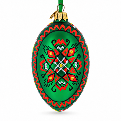 Green Geometric Ukrainian Egg Glass Christmas Ornament 4 Inches