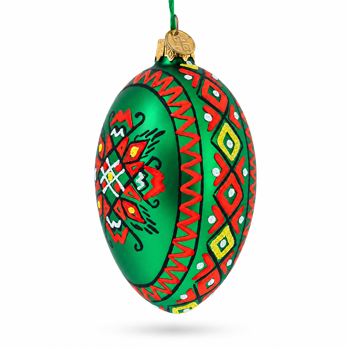 Green Geometric Ukrainian Egg Glass Christmas Ornament 4 Inches
