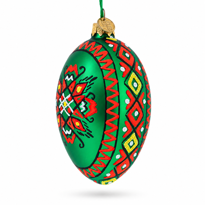 Green Geometric Ukrainian Egg Glass Christmas Ornament 4 Inches