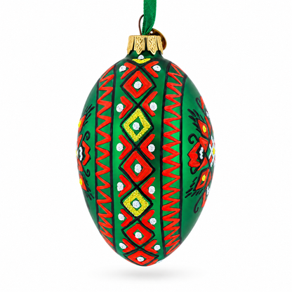 Green Geometric Ukrainian Egg Glass Christmas Ornament 4 Inches