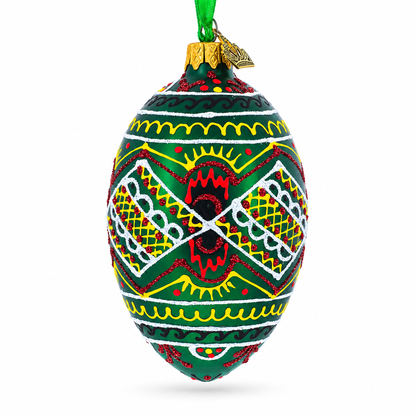 Green Geometric Pysanka Ukrainian Egg Glass Christmas Ornament 4 Inches