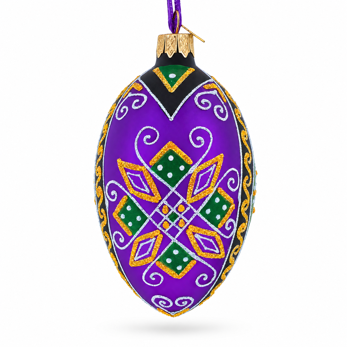 Purple Geometric Ukrainian Pysanka Egg Glass Christmas Ornament 4 Inches