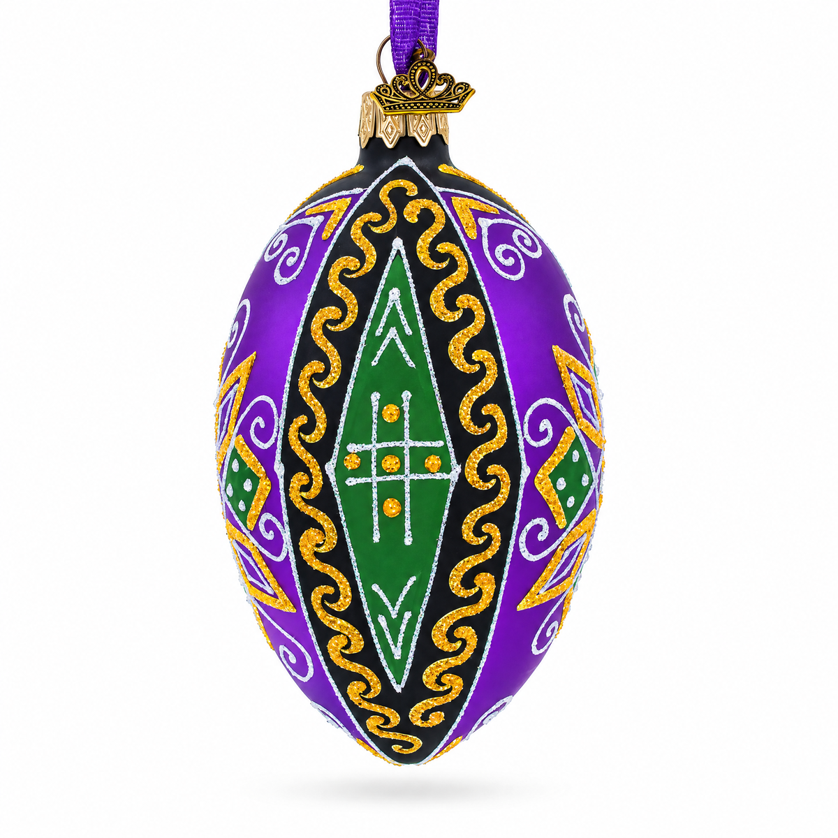 Purple Geometric Ukrainian Pysanka Egg Glass Christmas Ornament 4 Inches
