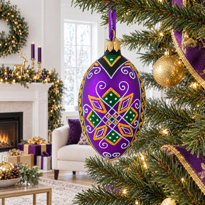Purple Geometric Ukrainian Pysanka Egg Glass Christmas Ornament 4 Inches