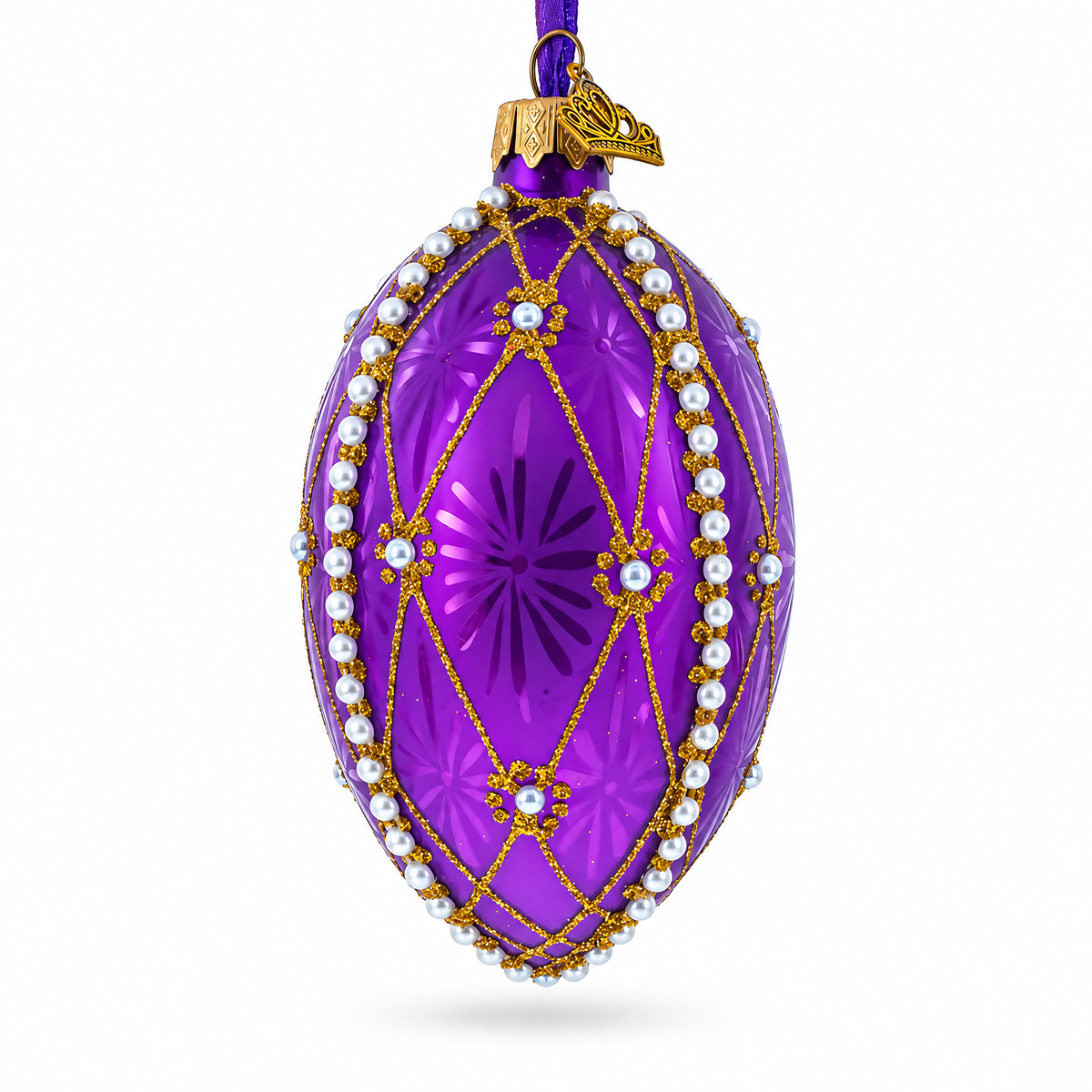 Pearls On Purple Guilloche Glass Egg Christmas Ornament 4 Inches