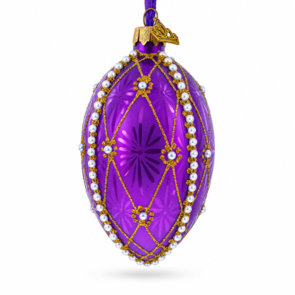 Pearls On Purple Guilloche Glass Egg Christmas Ornament 4 Inches