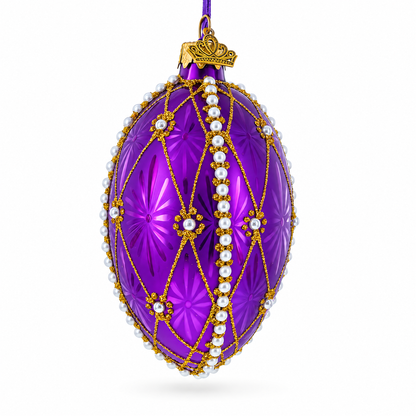 Pearls On Purple Guilloche Glass Egg Christmas Ornament 4 Inches