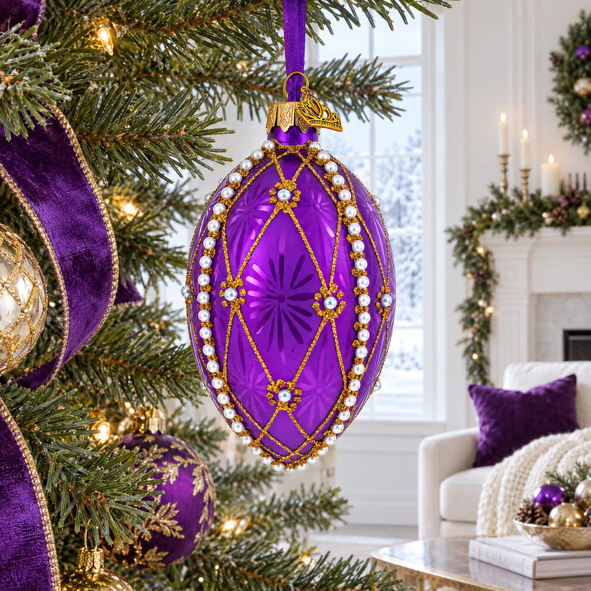 Pearls On Purple Guilloche Glass Egg Christmas Ornament 4 Inches