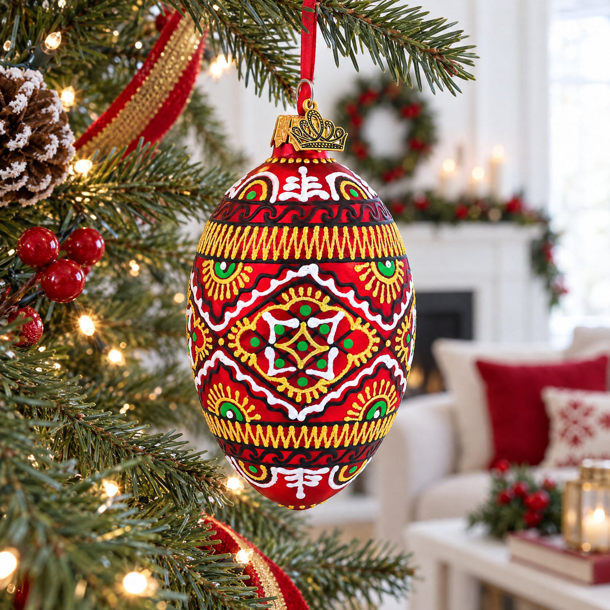 Red Geometric Ukrainian Egg Glass Christmas Ornament 4 Inches