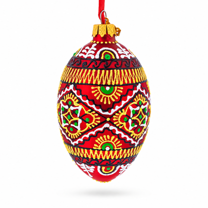 Red Geometric Ukrainian Egg Glass Christmas Ornament 4 Inches