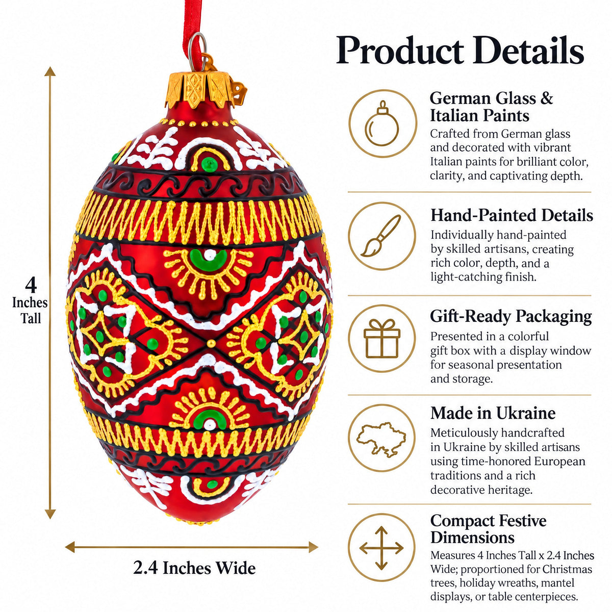 Red Geometric Ukrainian Egg Glass Christmas Ornament 4 Inches
