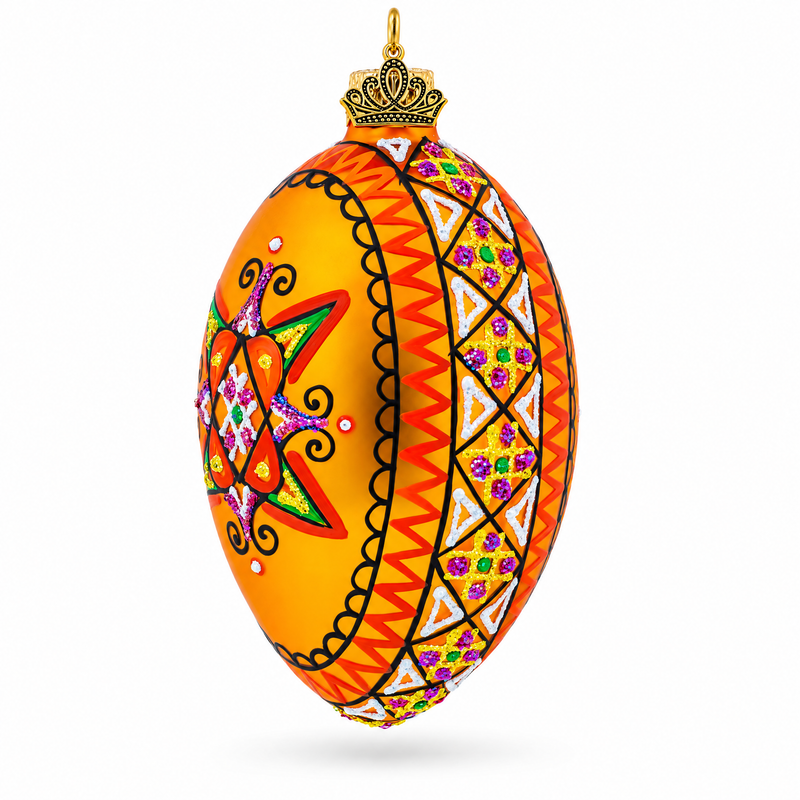 Gold Geometric Ukrainian Egg Glass Christmas Ornament 4 Inches