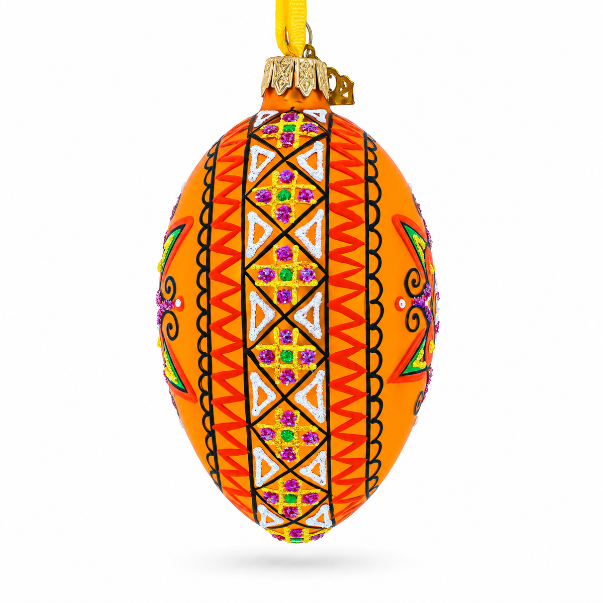 Gold Geometric Ukrainian Egg Glass Christmas Ornament 4 Inches