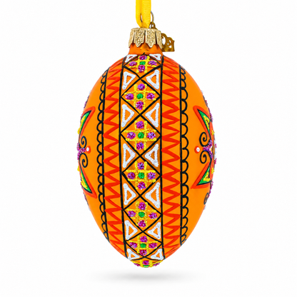 Gold Geometric Ukrainian Egg Glass Christmas Ornament 4 Inches