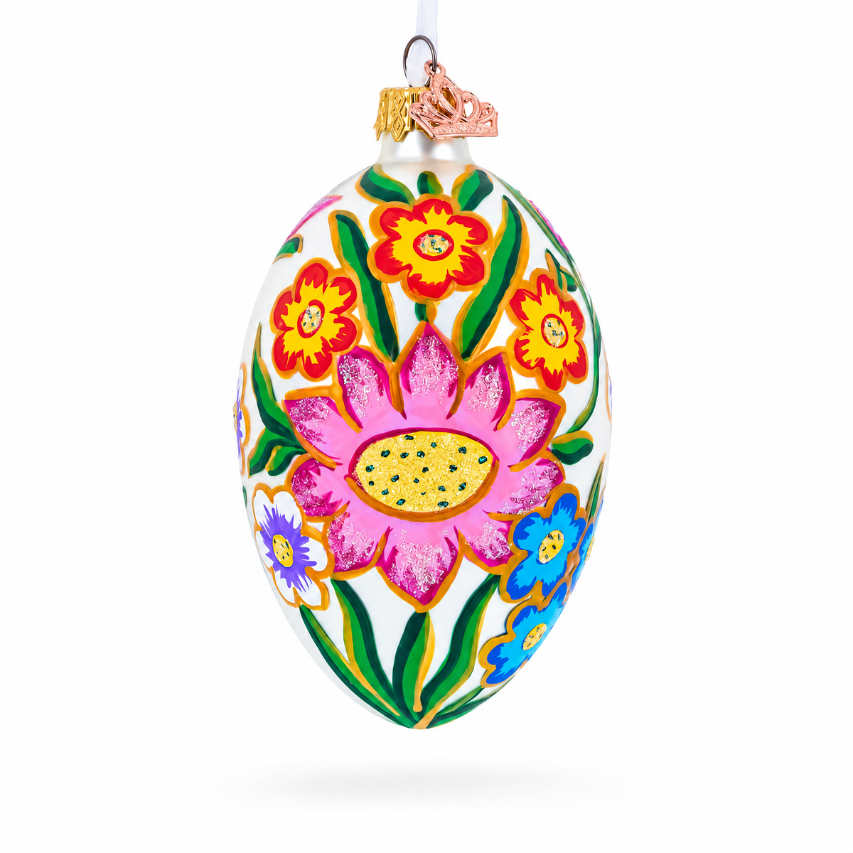 Colorful Flowers Glass Egg Ornament 4 Inches