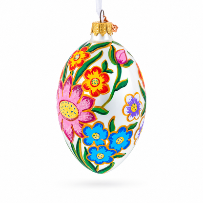 Colorful Flowers Glass Egg Ornament 4 Inches