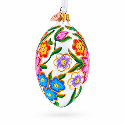 Colorful Flowers Glass Egg Ornament 4 Inches
