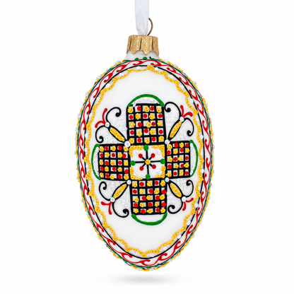 White Geometric Ukrainian Egg Glass Christmas Ornament 4 Inches