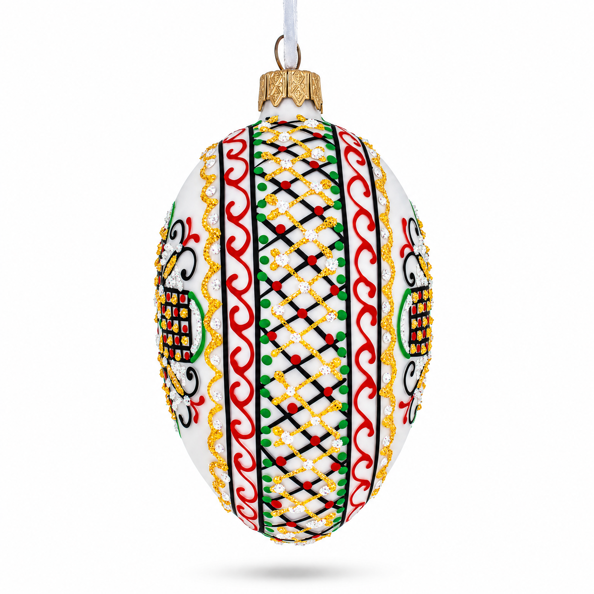 White Geometric Ukrainian Egg Glass Christmas Ornament 4 Inches